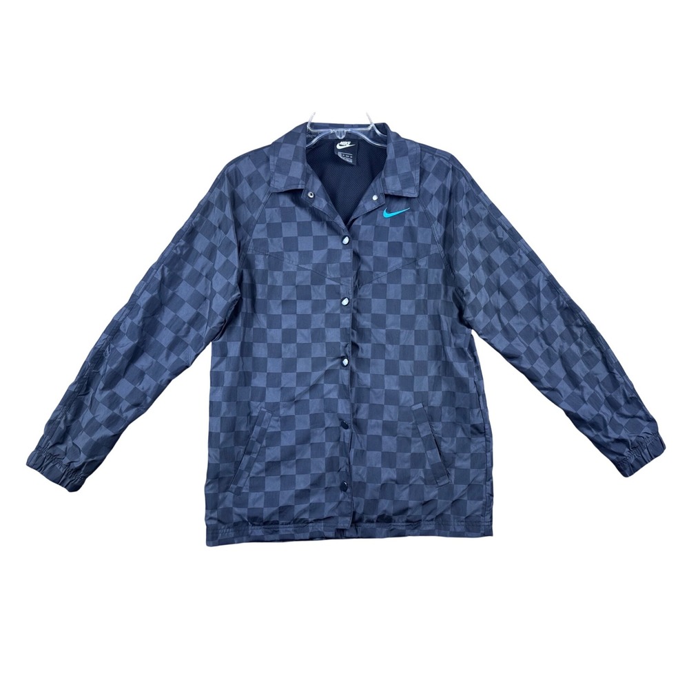 Nike Icon Women's Checkered Coaches Jacket Black Grey Teal Swoosh Snap‎ Front XS